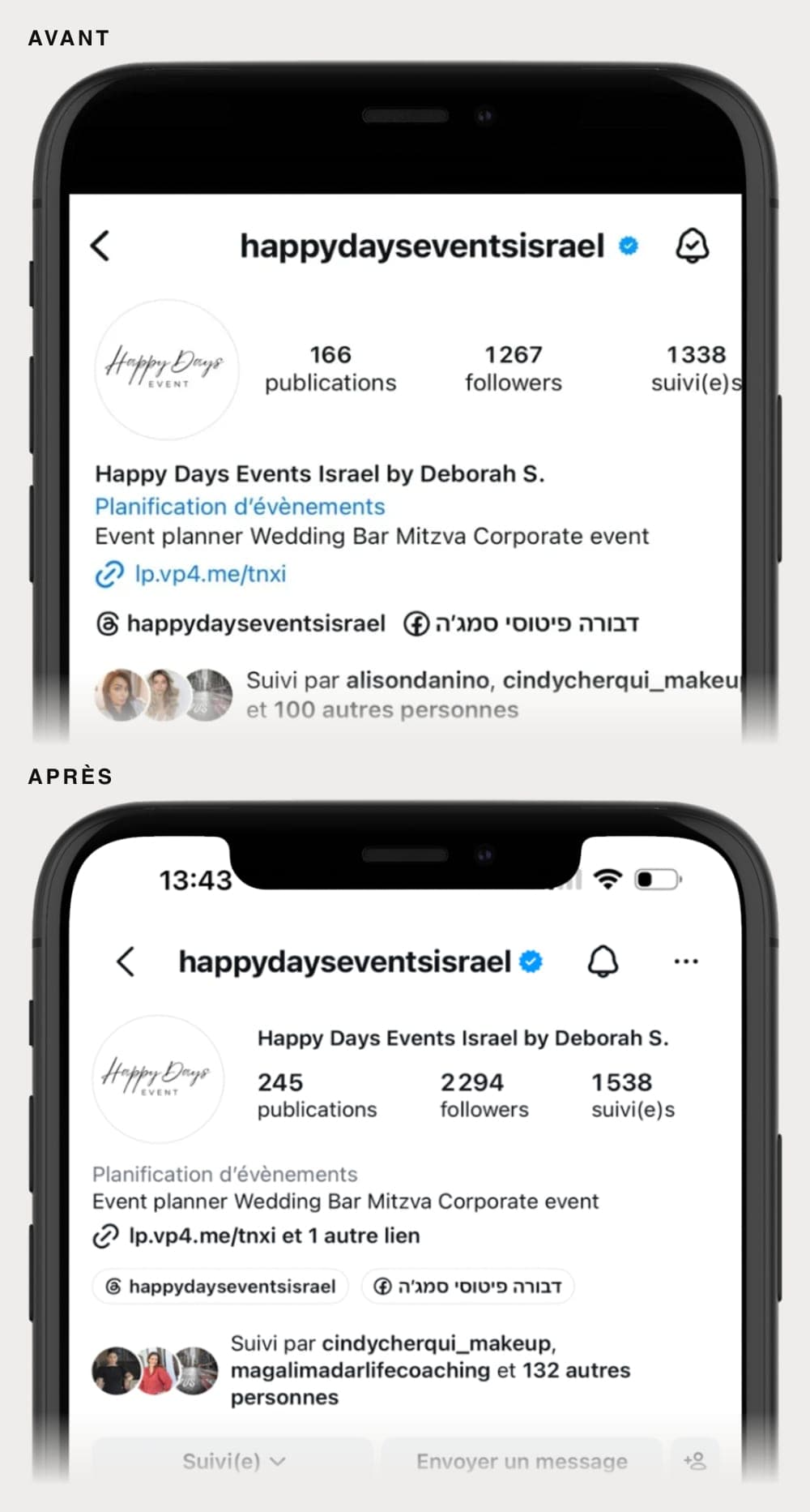 Deux captures du compte Instagram happydayseventsisrael l’une au-dessus de l’autre : en haut 166 publications et 1 267 abonnés en juin 2025 ; en bas 245 publications et 2 294 abonnés en septembre 2026