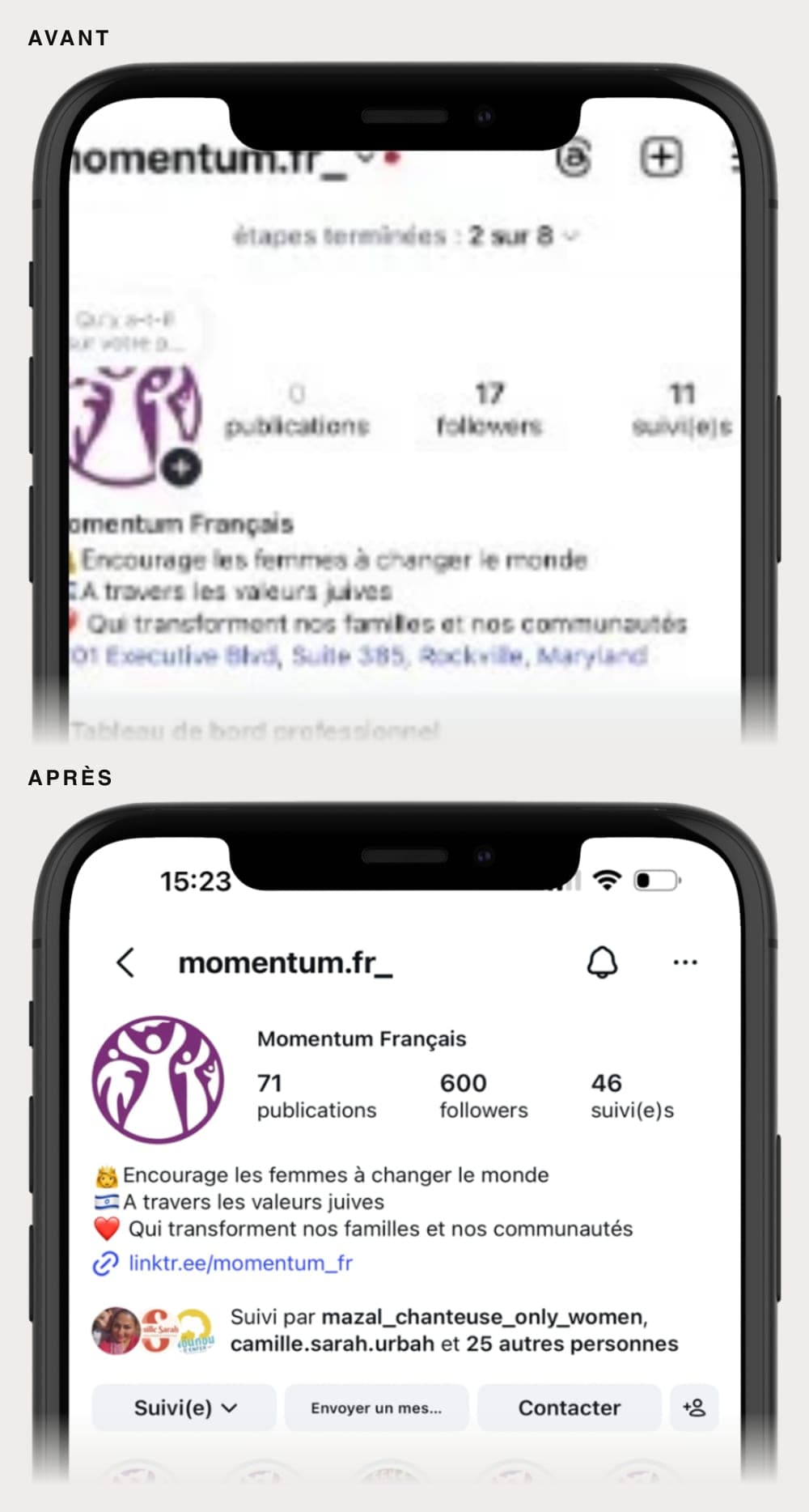 Deux captures du compte Instagram momentum.fr_ l’une au-dessus de l’autre : en haut la page vide, zéro publication et 17 abonnées ; en bas la même page avec 71 publications et 600 abonnées